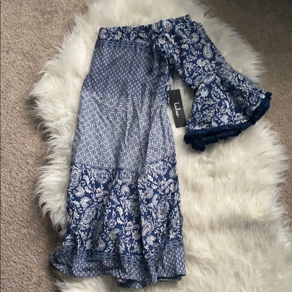Lulu’s off the shoulder blue paisley dress